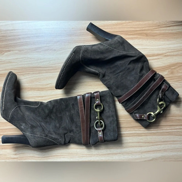 Coach Reiann Brown Suede Buckle heeled boots size 9 - Picture 1 of 10